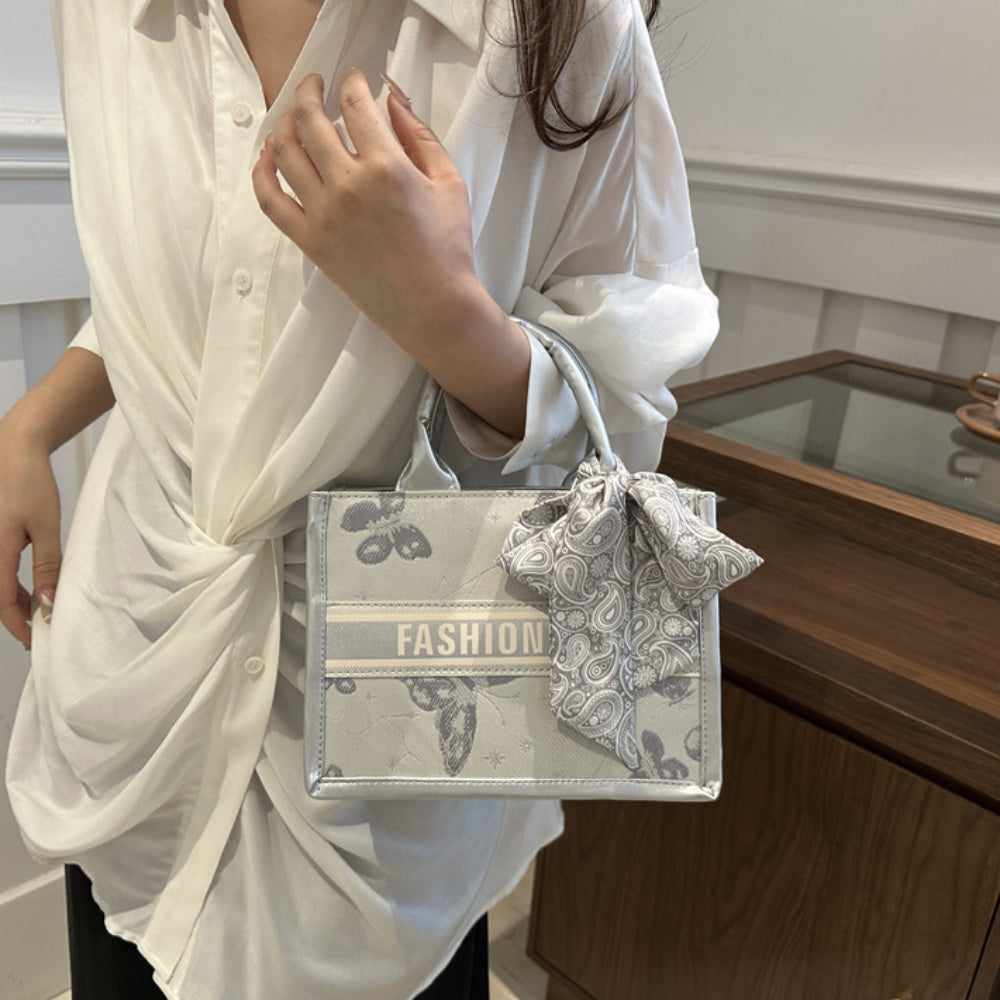 Large Capacity Fashion Letter Print Tote Bag with Scarf Bow - Stylish Synthetic Leather Shoulder Bag for Women, Floral Pattern, Zip Closure, Perfect for Commuting & Everyday Use, Large Tote Bag